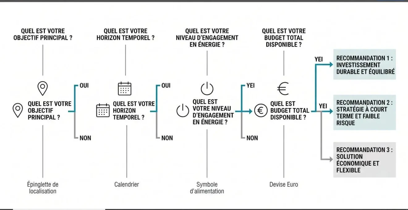 Arbre de décision infographique horizontal présentant 4 questions clés pour choisir entre propane et électricité pour une PME, avec branches OUI/NON aboutissant à des recommandations conditionnelles, tous textes en français