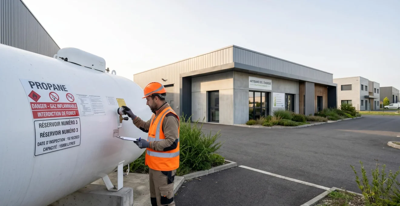 Citerne propane aérienne moderne installée sur site professionnel français avec technicien en gilet haute visibilité effectuant un contrôle de maintenance, bâtiment commercial contemporain en arrière-plan dans zone artisanale