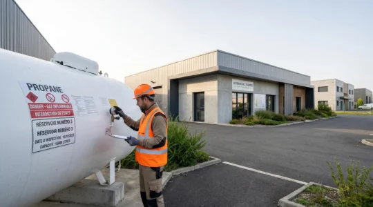 Citerne propane aérienne moderne installée sur site professionnel français avec technicien en gilet haute visibilité effectuant un contrôle de maintenance, bâtiment commercial contemporain en arrière-plan dans zone artisanale