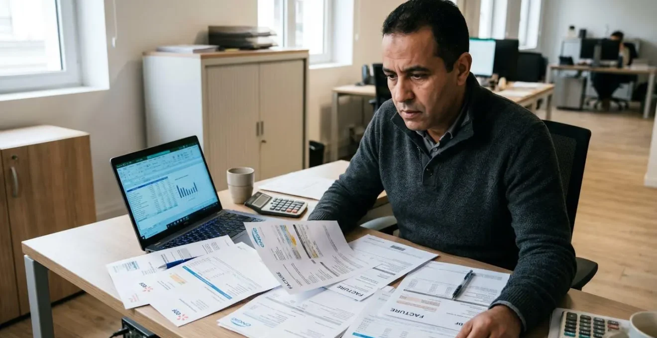 Dirigeant de PME française analysant factures énergétiques et budget sur bureau avec calculatrice et ordinateur, expression concentrée dans bureau contemporain éclairé par lumière naturelle