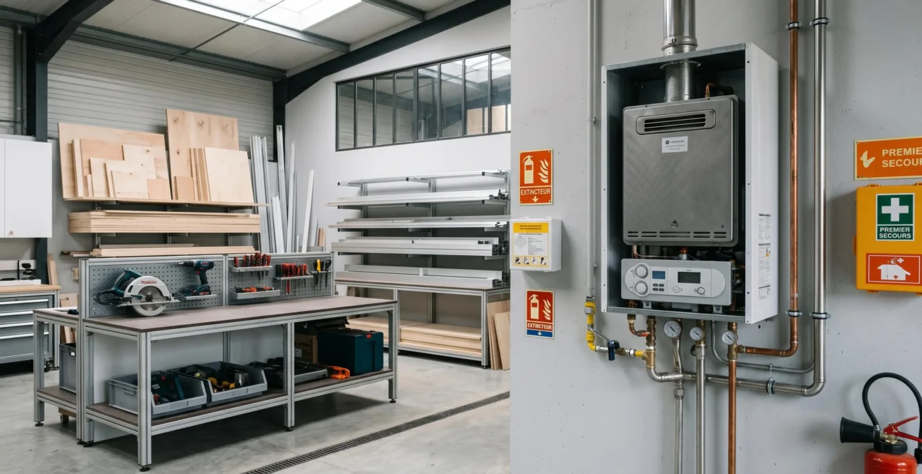 Intérieur d'atelier artisanal français moderne équipé d'un appareil de chauffage professionnel au propane, espace de travail organisé avec matériaux contemporains et lumière naturelle zénithale
